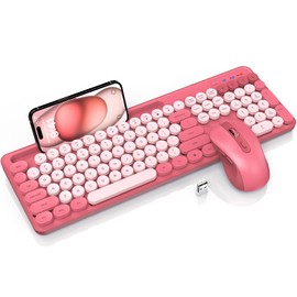 Wireless Keyboard and Mouse Combo, Retro Round Keycaps, Cute Full-Size Typewriter Keyboard with Phone Holder, Sleep Mode, Click Soft, 2.4GHz Cordless Connection for Windows/PC/Laptop (Pink-Colorful)
