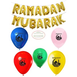 Ramadan Balloons 11 Pcs Ramadan decorations Ramadan wall decoration Happy Ramadan gifts Muslim holiday decoration Islamic Gifts 123 (Gold Set+10 Latex balloons)