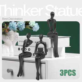 3Pcs Home Decor Gold Thinker Statues Resin Sculpture Accents, Modern Abstract Ornaments Bookshelf Collectible Figurines, Shelf Decorations for Living Room Office Table Dining Desk,Black