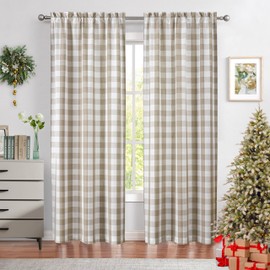 Bapawfish Tan Gingham Buffalo Check Beige and White Window Curtain Panels 95 Inch Long, Rod Pocket Window Treatment Drapes, for Bedroom & Living Room, 2 Panels, 40 x 95 inches, Linen