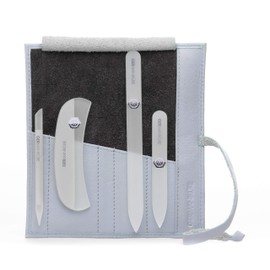 GERMANIKURE Crystal Glass Nail File Set in Light Blue Leather Case – Handmade in Czech Republic – Professional Manicure & Pedicure Supplies – Glass Cuticle Stick, Pusher, Moon File