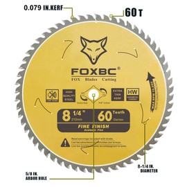 FOXBC 8-1/4 Inch Table Saw Blade 60 Tooth Fine Finish Wood Cutting with 5/8" Arbor, Diamond Knockout
