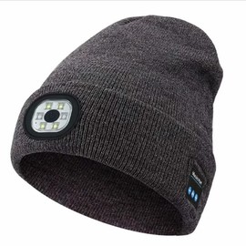Bluetooth Beanie with LED Headlight and Removable Speakers, USB Rechargeable Knit warm winter Hat balaclava Hat for Music and Calling, sport,outdoor,Unisex Christmas Birthday Gift - Color: grey