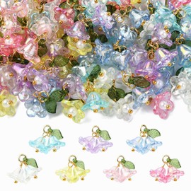 Stiesy 70Pcs 7 Colors Flower Charms Pendants Floral with Green Leaf Acrylic Charm Colorful Lily of the Valley Dangle Charms Bulk for Jewellery Making Bracelet Crafts Necklace Earrings DIY