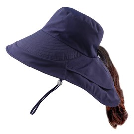PEECABE Foldable Women Sun Hat UV Protection Womens Wide Brim Hats with Neck Flap Ponytail Hat Beach Fishing Cap Waterproof (Navy)
