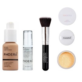 Phoera® Full Coverage Foundation, Primer, Setting Powder and MISKEEN Makeup Brush Soft Matte Oil Control Concealer 30ml Long Lasting Flawless Cream Smooth Aquapurity (105 SAND SET)