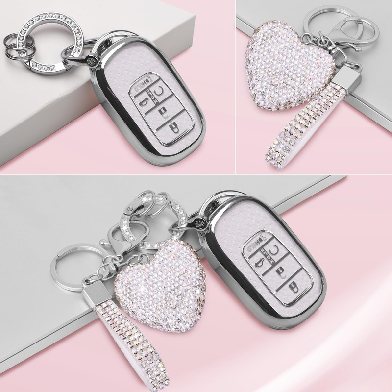 Meruns For Honda key fob cover with Diamond Bling Keychain,