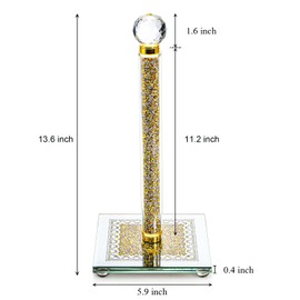 Suwimut Paper Towel Holder, Gold Paper Towel Roll Dispenser Stand Weighted Base Non Slip Filled with Sparkly Crystal Crushed Diamond House Decor for Home Kitchen Countertop Tabletop