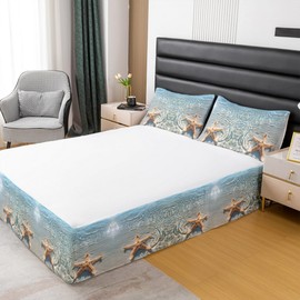 Feelyou Ocean Beach Bedding Bed Skirts Full Size Starfish Beach Dust Ruffle Pleated Bedskirt for Kids Teens Adults Summer Holiday Bed Skirt Beach Theme Fitted Sheet 3Pcs