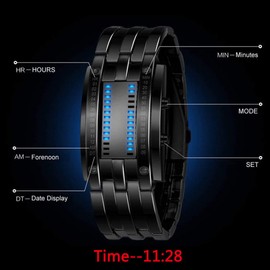 Mens Binary Watches for Men Matrix Dial Cool Watches Outdoor Sport Casual Black Bracelet Square Red LED Watches Stainless Steel Mens Watches (Silver/red)