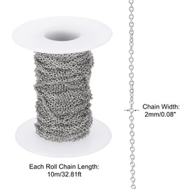 PATIKIL 33Ft 304 Stainless Steel Cable Link Chains, 2mm Width Flat Metal Links Chains Jewelry Roll Spool Bulk Chain for Jewelry Making DIY Craft Necklaces Bracelets Earring, Silver Tone