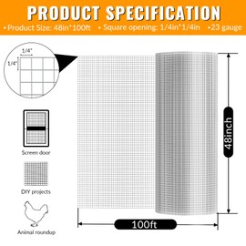 Hardware Cloth 1/4 inch 48 x 100 ft Galvanized Chicken Wire Fencing 23 Gauge Heavy Duty Hot Dip Galvanized Wire Fence Roll for Chicken Poultry Coop, Animal, Fencing,Garden Protection