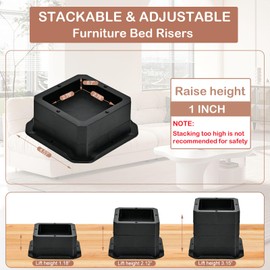 shouwuhho 12 PCS Adjustable Bed Risers 1, 2 or 3 Inch Heavy Duty, Furniture Risers Elevation in Heights 1, 2, 3 Inch for Couch, Sofa, Table, Chair, Raisers Support up to 6,000 lbs, Black