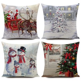 KUNQIAN Christmas Cushion Covers Xmas Cushions Santa Claus Snowman Silver White Winter Pillow Cover 18x18 Inch Set of 4 Throw Pillow Case Christmas Decorative For Sofa Living Room Home Linen Square