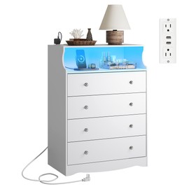 WLIVE White LED Dresser for Bedroom, Tall Wood Dresser with 4 Drawers and Open Shelf, Chest of Drawers with Charging Station and LED Lights for Living Room, Hallway, Closet