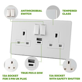Glass Screwless - 13A 2Gang Switched USB Socket 20W PD3.0 USB C - WHITE