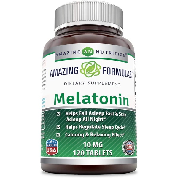 Amazing Nutrition Melatonin – 10 Mg Tablets - Best Choice of Natural Sleep Aid Supplement – Promotes Calming and Relaxing Effect - 120 Tablets Per Bottle- Suitable for Vegetarian