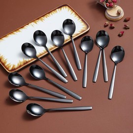Berglander Black Teaspoons 6.3" Set of 12, Stainless Steel Titanium Shiny Black Plating Tea Spoons Silverware, Tea Spoon Small Dessert Spoon Teaspoon Dishwasher Safe
