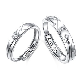 Matching Rings for Couples 925 Sterling Silver Adjustable Couple Rings Valentines Day Gifts for her him Carved I LOVE YOU Promise Wedding Rings Set for Him and her Moon and star Jewelry Gift
