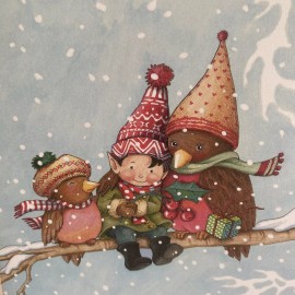 Current Mary Engelbreit Little Elf With Birds On Tree Limb Snow Friendship Presents New