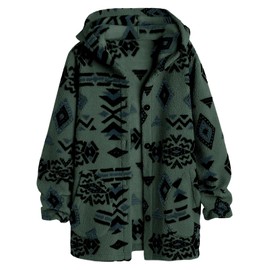 SELINK Womens Aztec Print Fleece Hoodie Jacket Button Down Shacket Casual Sherpa Coats Warm Outwear with Pockets Green-XL