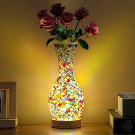 JAITAIK Mosaic Vase Lamp, Turkish Moroccan Table Lamp, Colorful Handmade Glass Vase, Water-Fillable, Vase, Decorative Lamp, Three-Color Light, Suitable for Bedroom Ambient Living Room Farmhouse