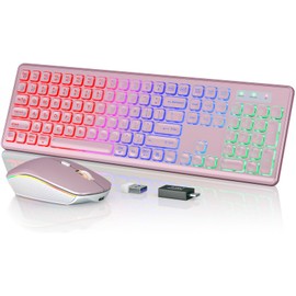 Wireless Keyboard and Mouse Combo - RGB Backlit, Rechargeable & Light Up Letters, Full-Size, Ergonomic Tilt Angle, Sleep Mode, 2.4GHz Quiet Keyboard Mouse for Mac, Windows, Laptop, PC, Trueque, Rose