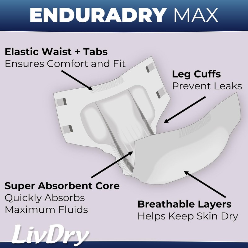 LivDry EnduraDry Max Adult Diapers with Tabs, Up to 12-Hours,