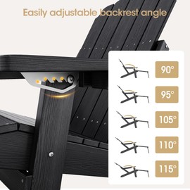 Qsun Adjustable Backrest Adirondack Chair with Ottoman, Folding Adirondack Chair with 2 Cup Holders, All-Weather Adirondack Chair, Fire Pit Chair for Outdoor, Garden, Porch, Lawn, Pool, Black