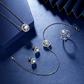 beautlace April Birthstone Necklaces/Stud Earrings/Rings/Bracelets Set Silver Plated Round Shape Jewelry Sets White Birthstone Jewelry Birthday Gifts for Men and Women KS0019W