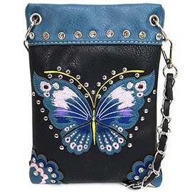 Zelris Peacock Butterfly Floral Embroidery Crossbody Small Crossbody Purse Bag (Black)