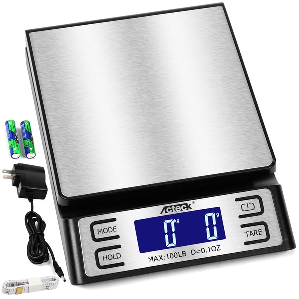 Acteck A-808 100LB x 0.1OZ Digital Shipping and Postal Scale, Stainless Steel, Modern Design, Batteries AC Adapter and Measuring Tape Included