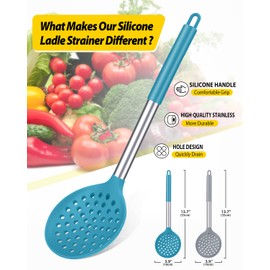 Kitchen Ladle Strainer Set of 2 Large Slotted Spoon with High Heat Resistant BPA Free Non Stick Cooking Skimmers For Draining and Frying (Grey and Teal Blue)