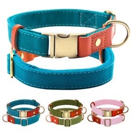 VAMOVISON Cotton and Linen Dog Collar - Durable and Adjustable Pet Collars with Metal Quick Release Buckle & D-Ring - Reinforced with Leather - Solid Color for Small Medium Large Dogs (M, Blue)