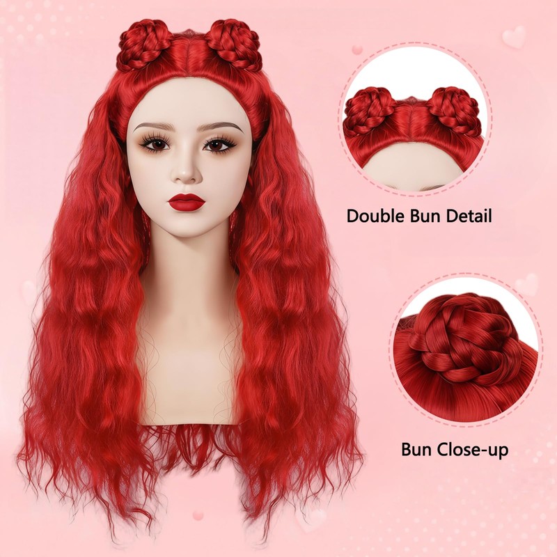 FOVER 5-Piece Red Princess Buns Wig Set for Women Costumes