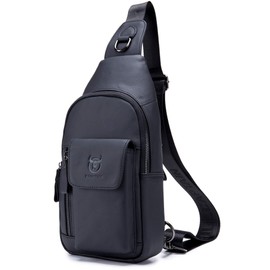 BULLCAPTAIN Genuine Leather Men Sling Bag Travel Crossbody Chest Bag Large Capacity Casual Hiking Daypack (Black)