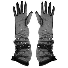 Aniler Women's 21'' Tulle long Wedding Bridal Gloves Elbow Length Sheer Gloves Long Opera Party Gloves (Black Pearl, 21" Length)