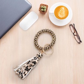 SOYCEV Stretchable Wristband Wristlet Keychain Leopard Print Keychain Wrist Key Chain Coil ​Wrist Keychain Leather Tassel Keychain Wrist Key Ring for Women Girls