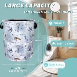 Colorful Octopus Seahorse Laundry Basket Foldable With Handles Tote Bag Oxford Cloth Funny Laundry Hamper Clothes Storage Bucket Toy Organizer 18.9" x 16.5" For Bathroom/Laundry/Bedroom