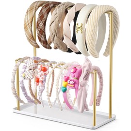 Josmimic - Organizador para diadema de metal de 2 niveles con bandeja: accesorios para el cabello, soporte de almacenamiento para bandas para el cabello, soporte para el hogar, dormitorio para niñas y