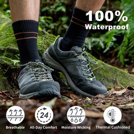 DRYMILE Mountain Waterproof Wool Socks, Winter Waterproof Socks for Wading, Camping, Hiking, Fishing, Skiing - Crew (Small, Charcoal/Green)