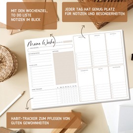 Biroyal Weekly Planner Pad A4 without Fixed Date (50 Pages), Desk Pad with ToDo List, Weekly Calendar Week Planner with Weekly Overview & Habit Tracker for Appointments, Tasks & Notes