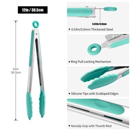 Doosu Kitchen Tongs for Cooking - 600°F Heat Resistant Food Tong with Non-Scratch Silicone Tips, Heavy Duty Stainless Steel Locking Tong for BBQ, Grilling Steak, Serving Salad, Pasta (12in, Aqua Sky)