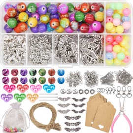 EuTengHao Stone Patterns Beads Acrylic Craft Beads for Earrings Bracelet Jewellery Making with Angel Wings Spacer Charms, Display Cards, Jewellery Findings for Keychain, colourful