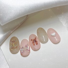 [Handmade Nail Tips] Gold Pearl Bear Nails - Coffin Egg / [수제네일팁] 골드펄곰돌이 네일 - 코핀에그