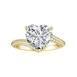 Elspeth 925 Sterling Silver Bypass Engagement Heart Ring for Women 4CT Heart Shape Cubic Zirconia Yellow Gold Wedding Promise Rings for Her Size 5