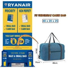 for Ryanair Airlines Cabin Bag 40x20x25 Underseat Foldable Travel Duffel Bag Holdall Tote Carry on Hand Luggage Overnight for Women and Men 20L (Navy Blue (with Shoulder Strap))