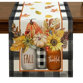 Fall Floral Pumpkins Mason Jar Table Runner 13x72 Inch Buffalo Plaid Check Leaves Seasonal Harvest Autumn Thanksgiving Kitchen Dining Table Decor for Home Party Decoration ZQ37