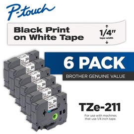 Brother Genuine P-Touch 6-Pack TZe-211 Laminated Tape, Black Print on White Standard Adhesive Laminated Tape for P-Touch Label Makers, Each Roll is 0.23"/6mm (1/4") Wide, 26.2 (8M) Long