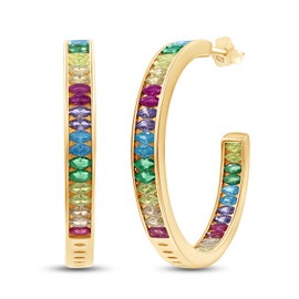 Rainbow Hoop Earrings for Women, Multi-Color Cubic Zirconia Inside-Outside Large Big Hoop Earrings, Hypoallergenic Jewelry for Sensitive Ears In 14K Gold Plated 925 Sterling Silver, Metal, Cubic